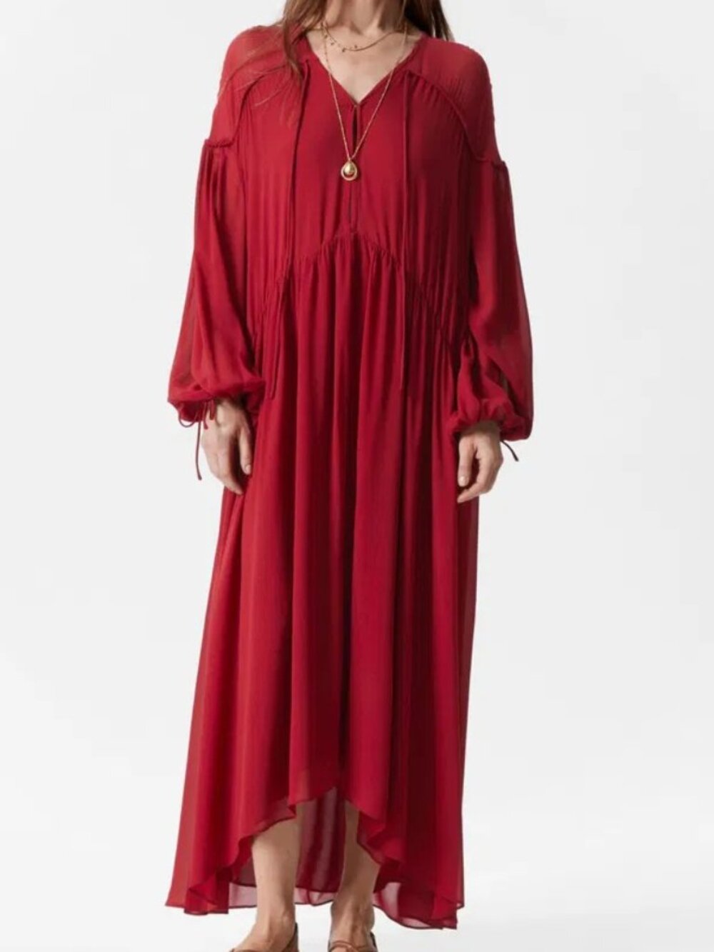 NWT & Other Stories Red Flowy Long Sleeve V-Neck Midi Dress Size US 4 / Small